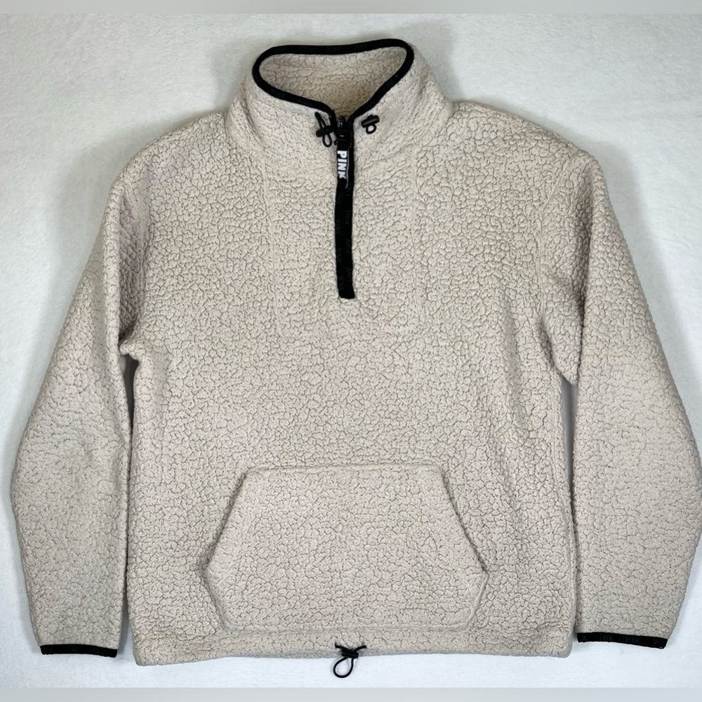 PINK VICTORIAS SECRET Beige Sherpa 1/4 Zip Pull Over Sweatshirt S Y2K Winter